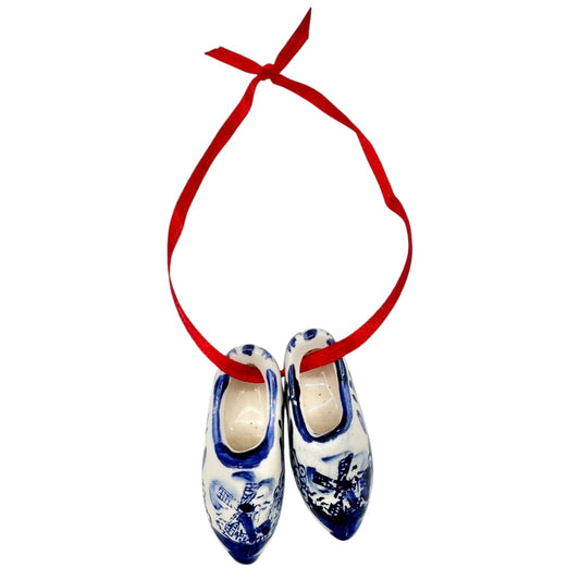 Miniature Delft Style Porcelain Clogs With Windmill Floral Design On Red Ribbon