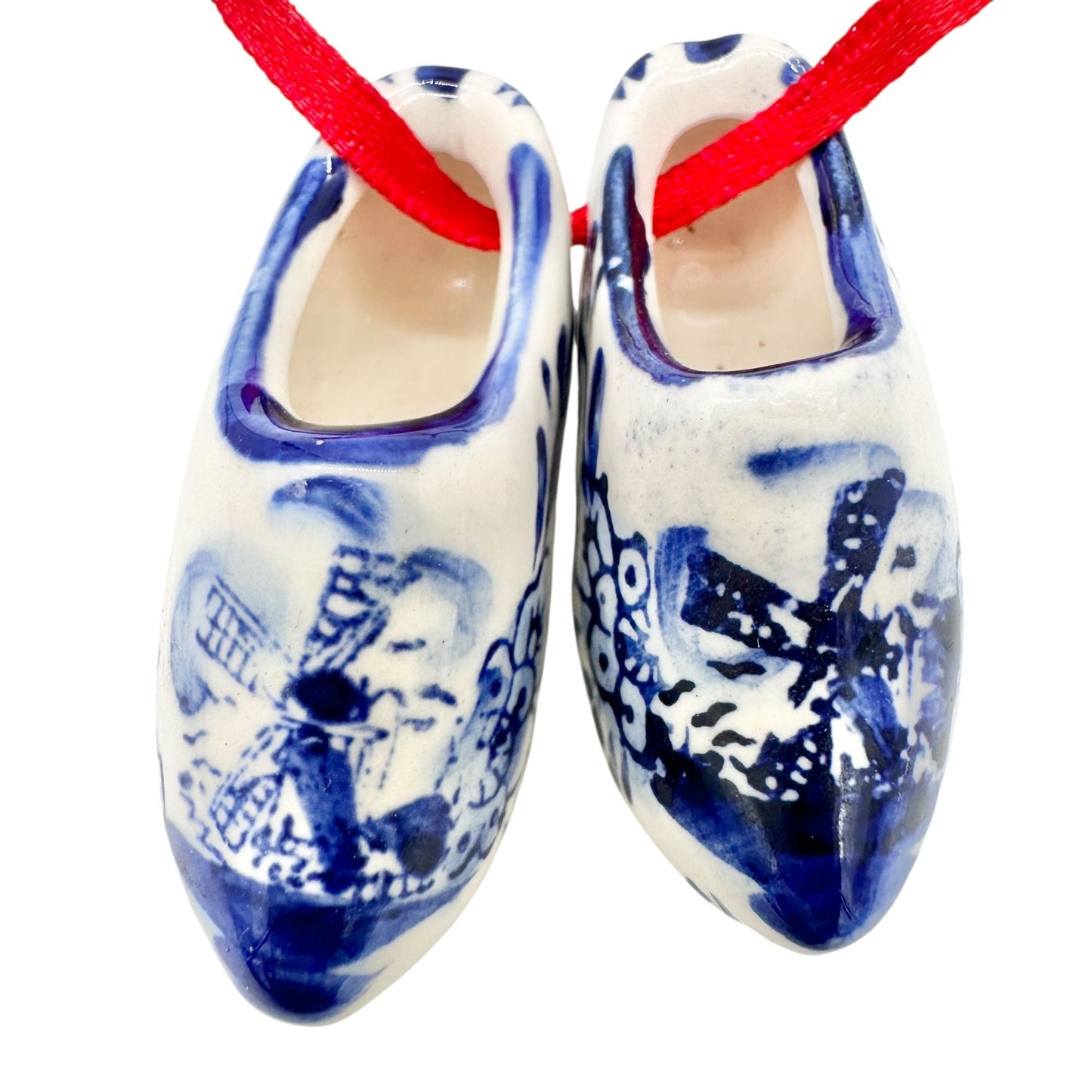 Miniature Delft Style Porcelain Clogs With Windmill Floral Design On Red Ribbon