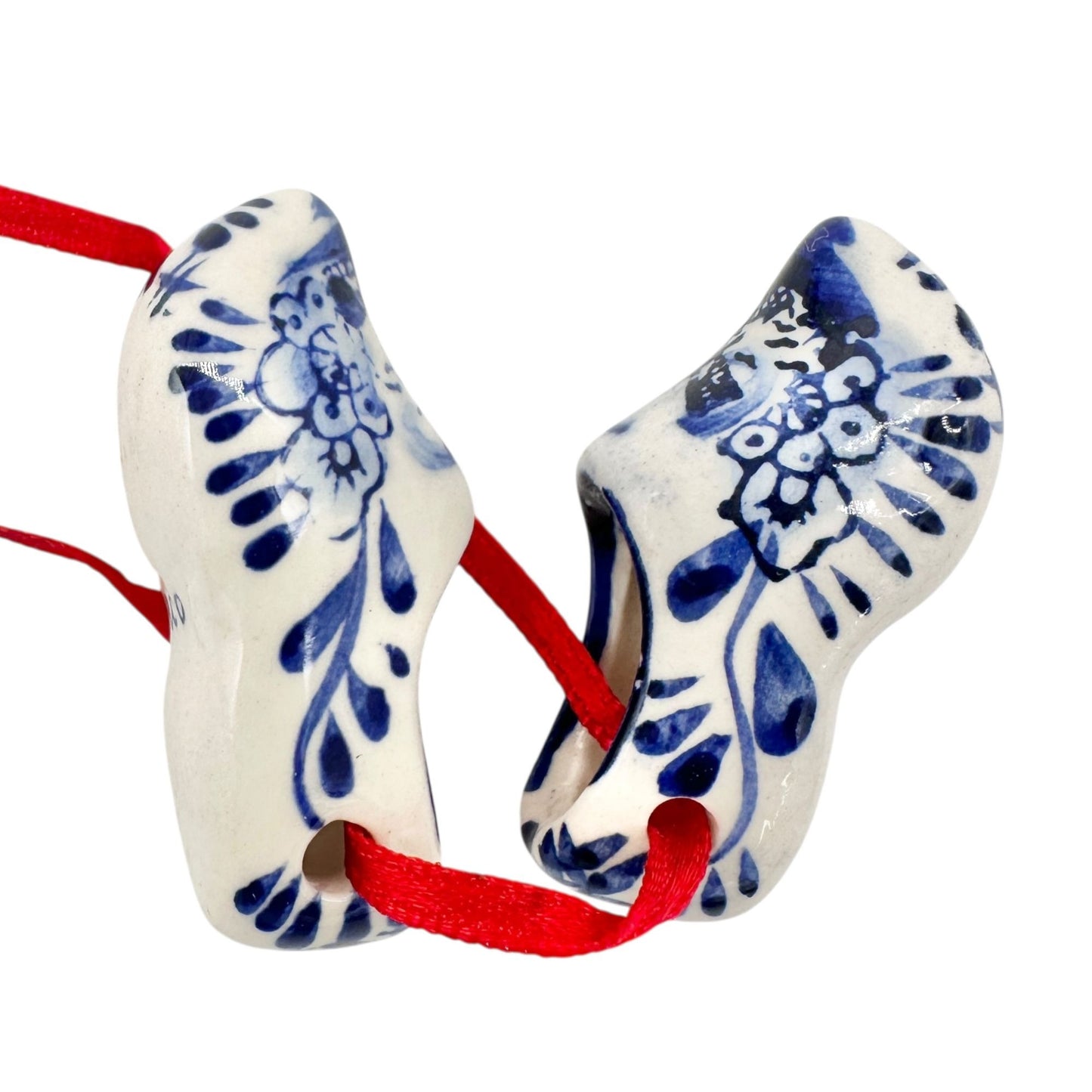 Miniature Delft Style Porcelain Clogs With Windmill Floral Design On Red Ribbon