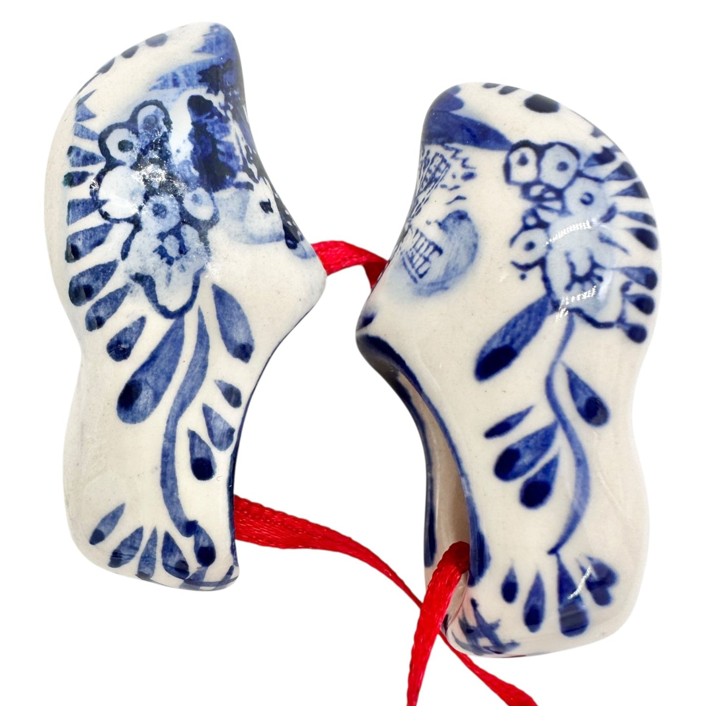 Miniature Delft Style Porcelain Clogs With Windmill Floral Design On Red Ribbon