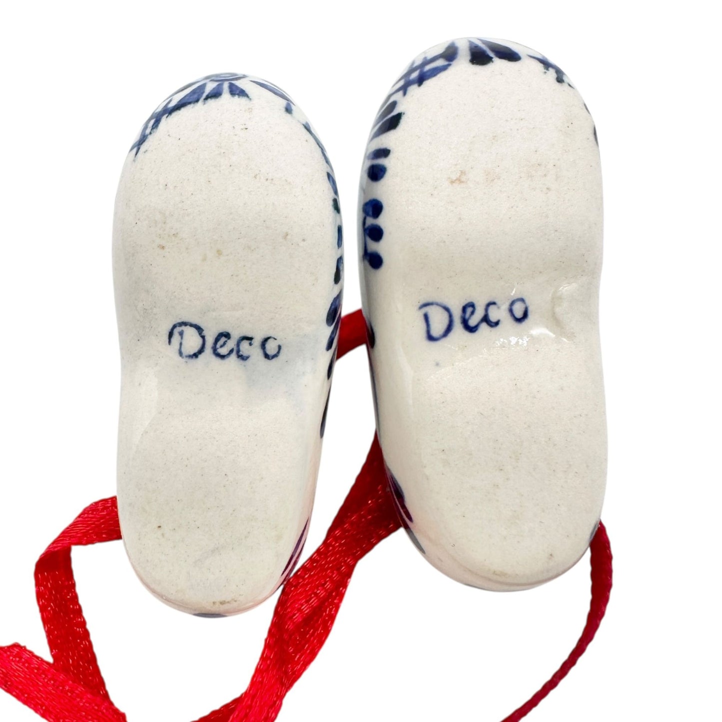Miniature Delft Style Porcelain Clogs With Windmill Floral Design On Red Ribbon