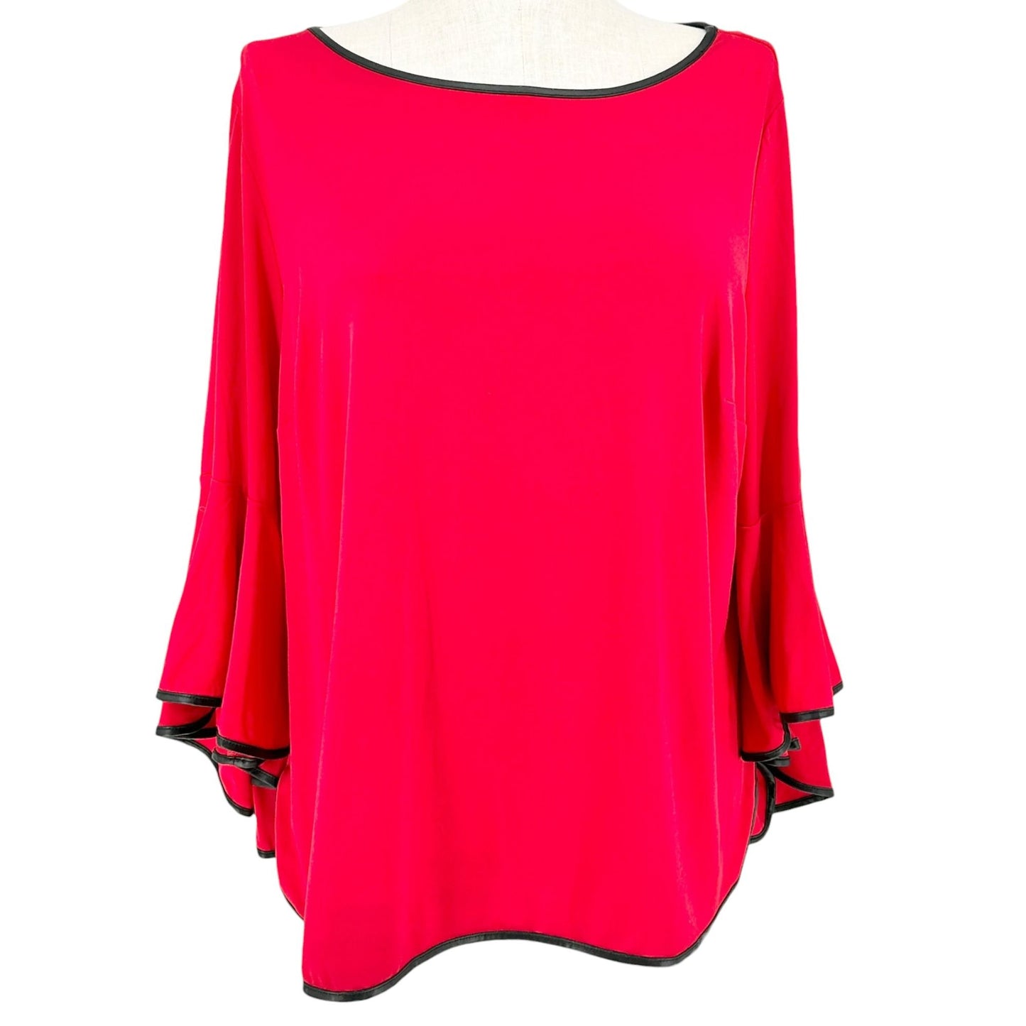 Coco Bianco Tunic Top Womens 2X Vibrant Red With Black Trim Bell Sleeves Stylish
