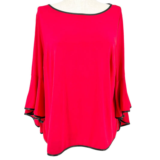 Coco Bianco Tunic Top Womens 2X Vibrant Red With Black Trim Bell Sleeves Stylish