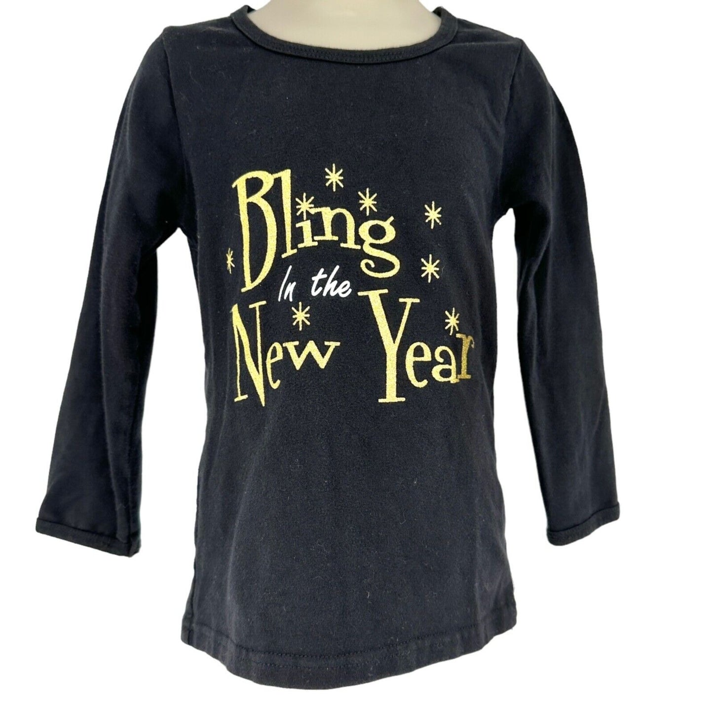 Bling in the New Year Toddler Girls M Black T-Shirt Long Sleeve Gold with Stars