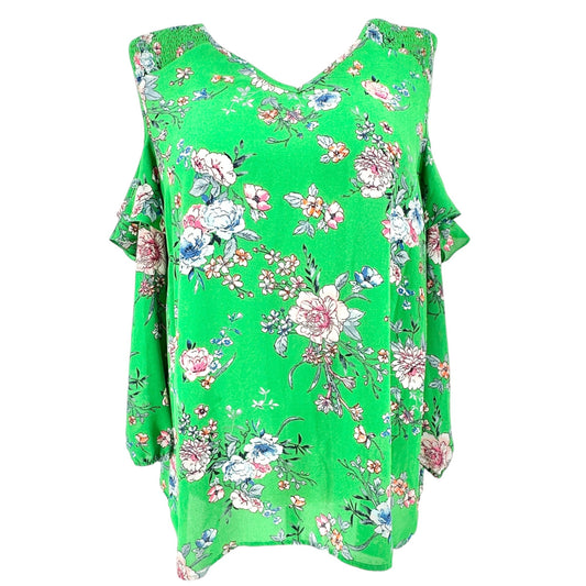 Womens 2X Cold Shoulder Blouse Green Floral Polyester Long Sleeves by Roz & Ali