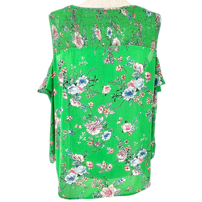 Womens 2X Cold Shoulder Blouse Green Floral Polyester Long Sleeves by Roz & Ali