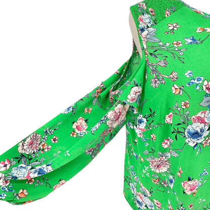 Womens 2X Cold Shoulder Blouse Green Floral Polyester Long Sleeves by Roz & Ali