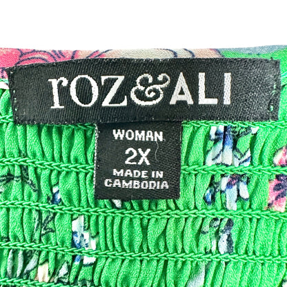 Womens 2X Cold Shoulder Blouse Green Floral Polyester Long Sleeves by Roz & Ali