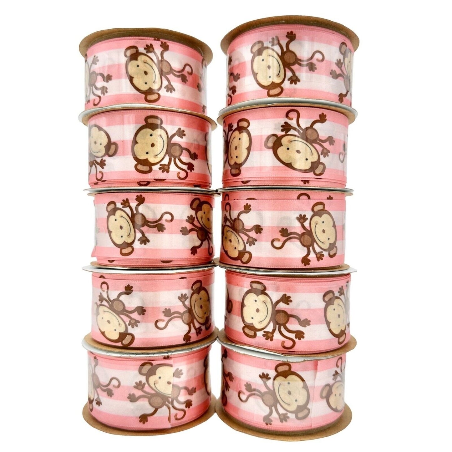 Offray Lot of 10 Spools Ribbon 1.5 inch x 9 feet Pink Stripe Monkeys New