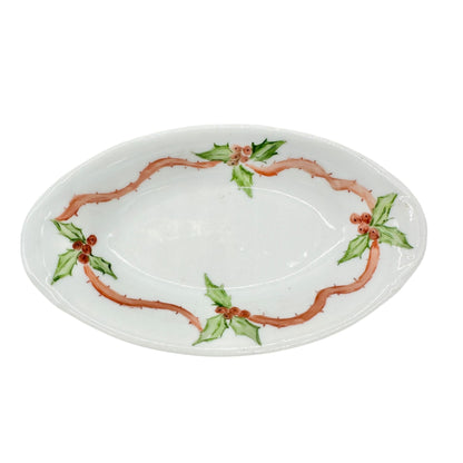 Holiday Trinket Dish White Hand Painted Holly and Ribbon Design 6" x 3.5"