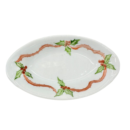 Holiday Trinket Dish White Hand Painted Holly and Ribbon Design 6" x 3.5"