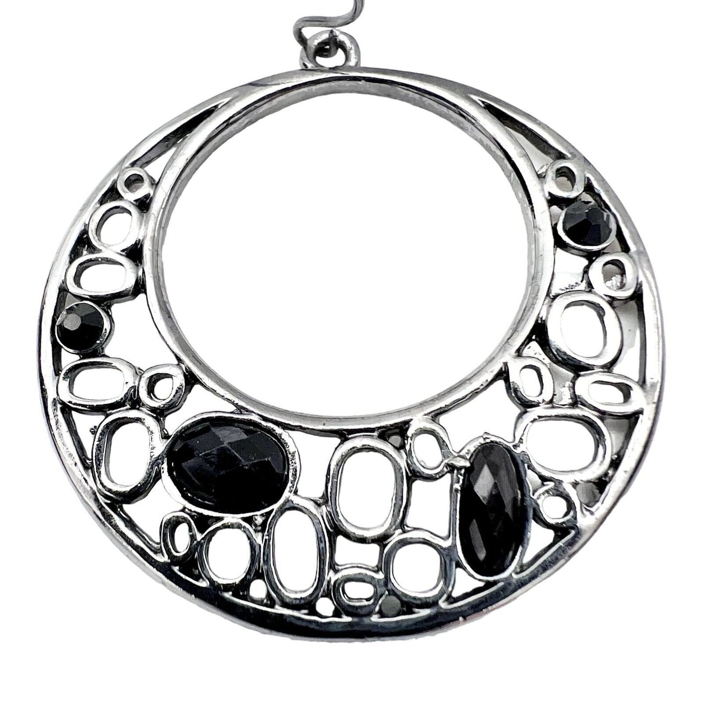 Earrings Pierced Drop Hoops Silver Tone Black Gems