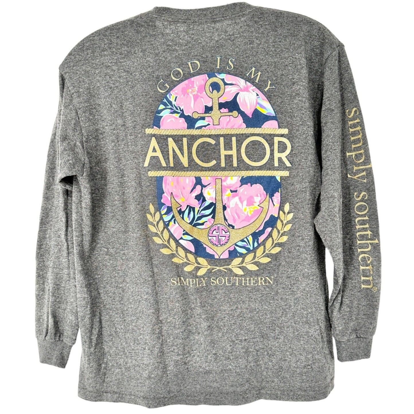 Simply Southern TShirt Youth Large Gray God Is My Anchor Long Sleeve Crew Neck