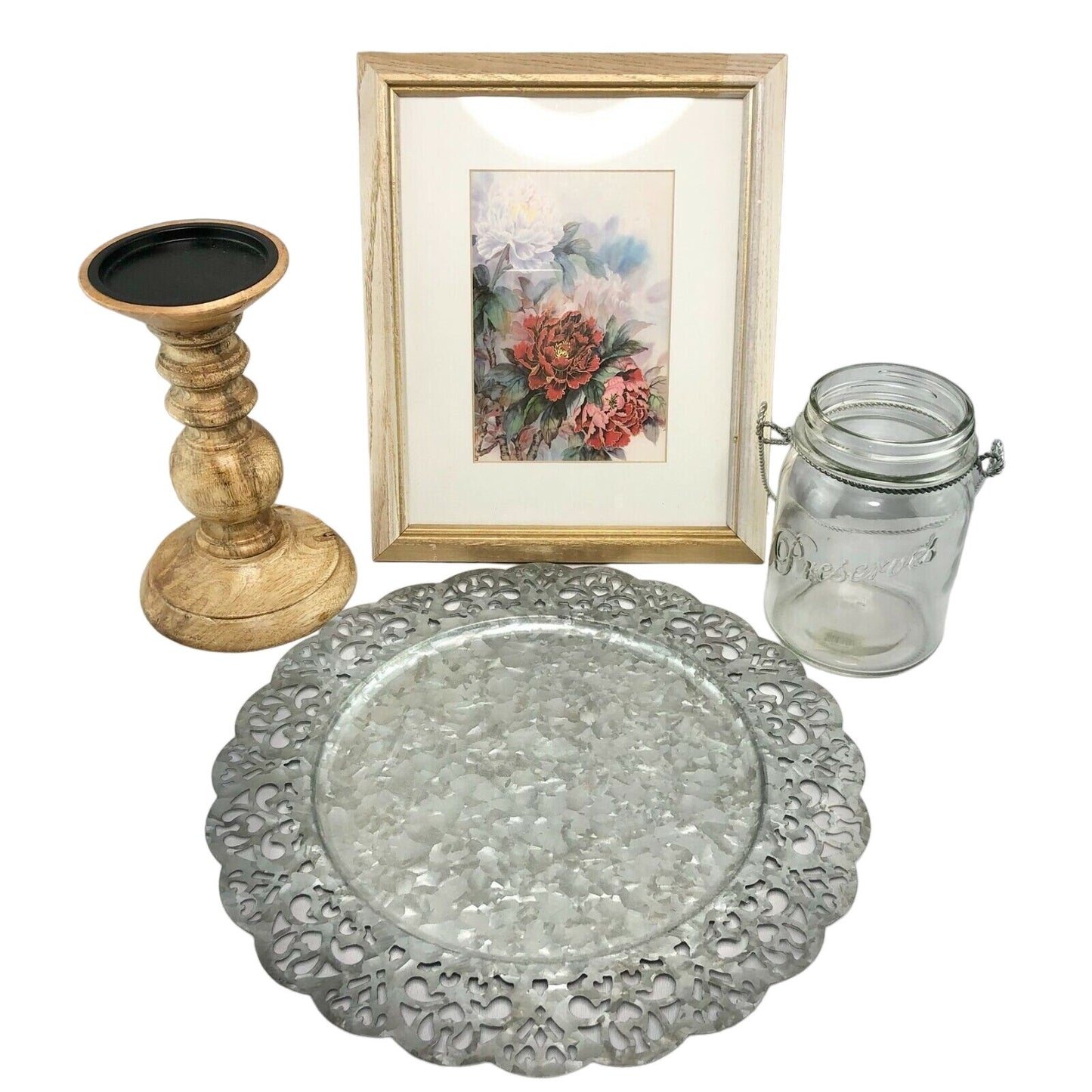 4pc Home Decor Bundle Jar Red White Picture Candle Stand Silvertone Tray