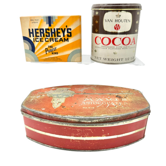 Vintage Devoine Mavis Chocolate Tin Hersheys Ice Cream Box Van Houten Cocoa Can