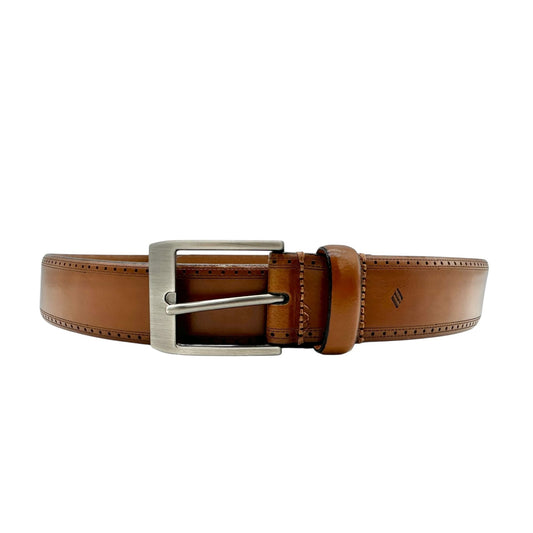 Joseph Abboud Belt Mens 38 Italian Handcrafted Genuine Leather Tan Silver Buckle