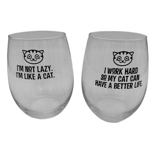 Pair of Wine Glasses Cat Themed Stemless Clear Glass 16oz Capacity