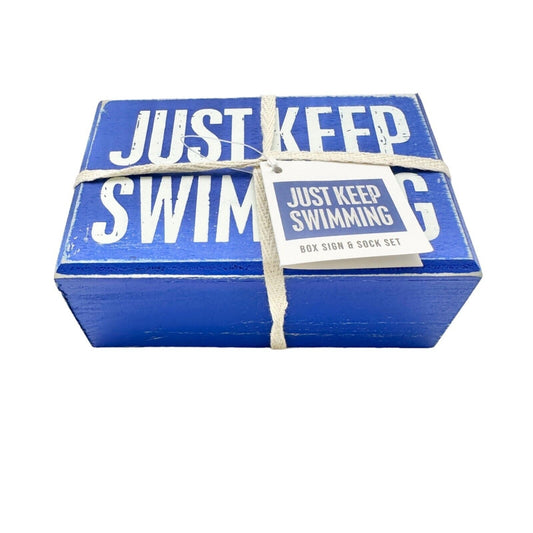 Primitives by Kathy Box Sign & Sock Set Sign 4.5 x3 inch Blue Just Keep Swimming