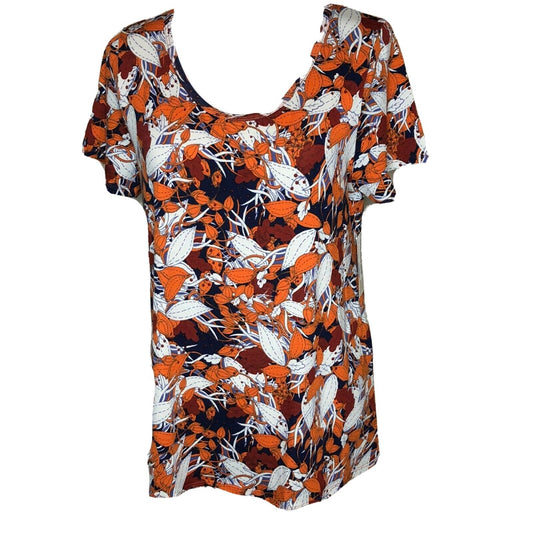 LuLaRoe Classic T Women's Medium Top Orange White Red Leaves Navy Blue NWT