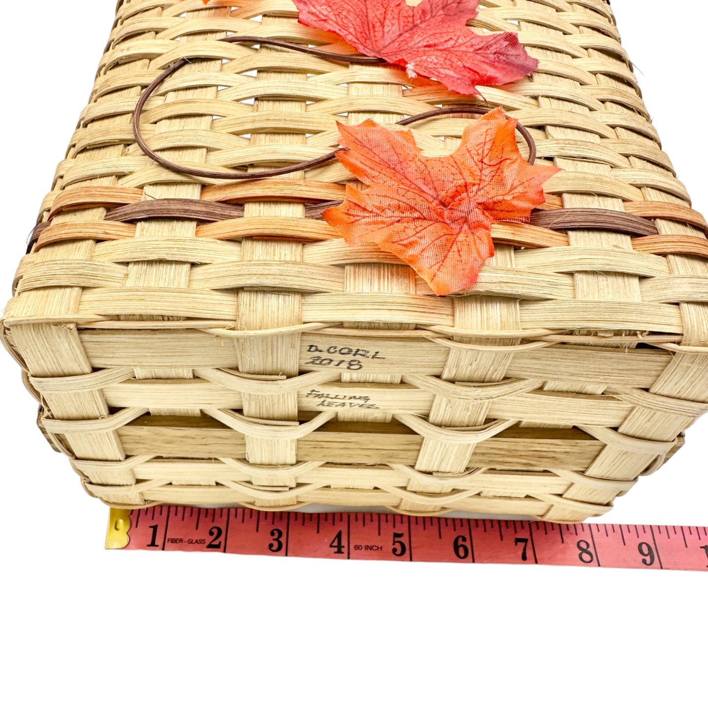 Handmade Basket Falling Leaves Square Shaped with Handle and Leaves Decoration on Front