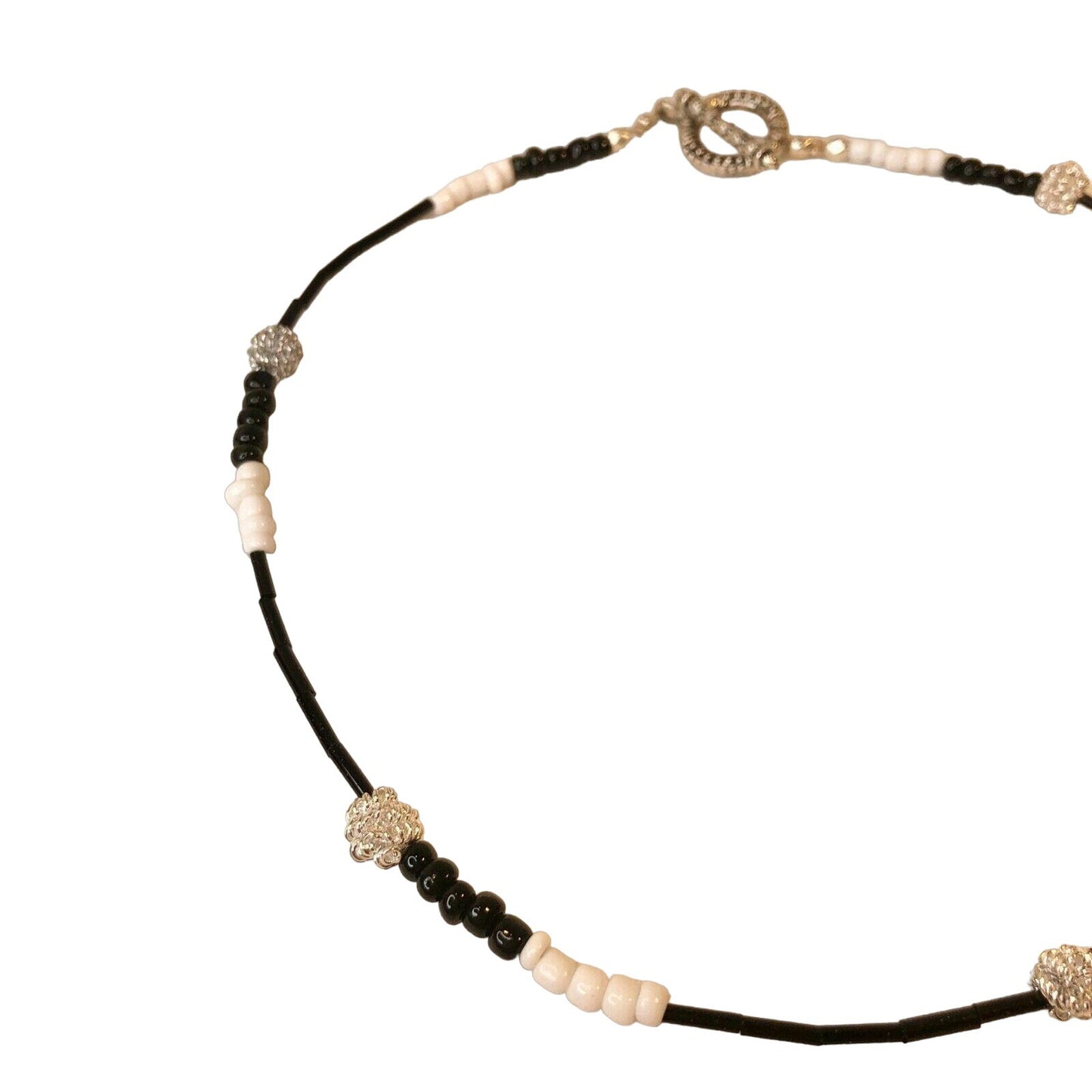 Handcrafted Beaded Necklace White, Black & Silver Beads Simply Elegant NEW