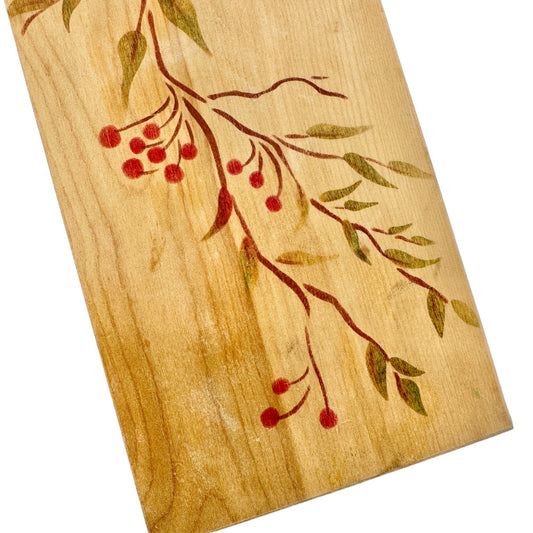 Decorative Wood Cutting Board 21.5in L x 5in W Red Berries Green Leaves Stems