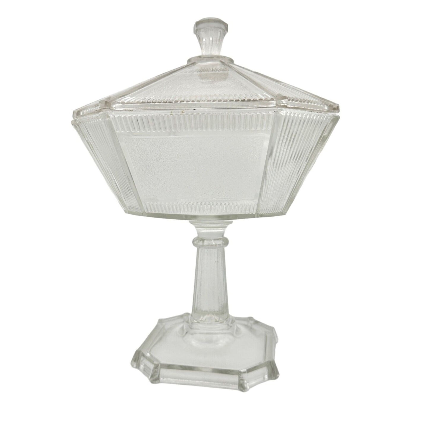 Vintage Art Deco Covered Pedestal Dish 12 x 8 Clear Glass Faceted Multi-Sided