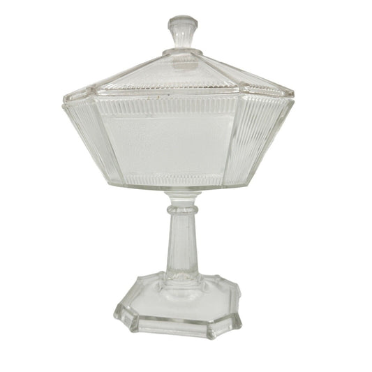 Vintage Art Deco Covered Pedestal Dish 12 x 8 Clear Glass Faceted Multi-Sided