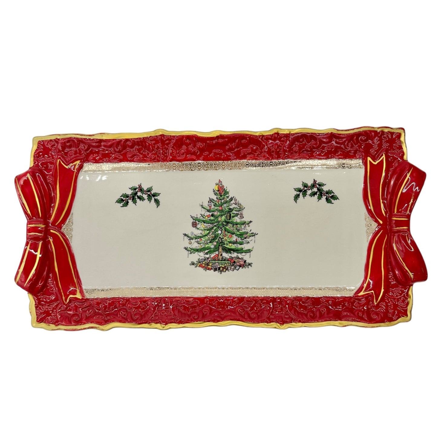 Spode Christmas Tree Sandwich Tray with Red Ribbons NIB MSRP $100