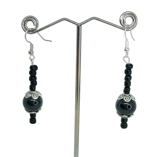 Handcrafted Beaded Drop Earrings Black & Silver Beads Shiny Jewelry NEW