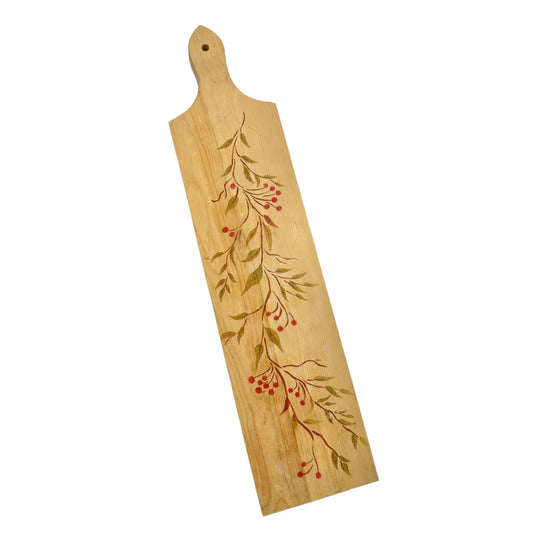 Decorative Wood Cutting Board 21.5in L x 5in W Red Berries Green Leaves Stems