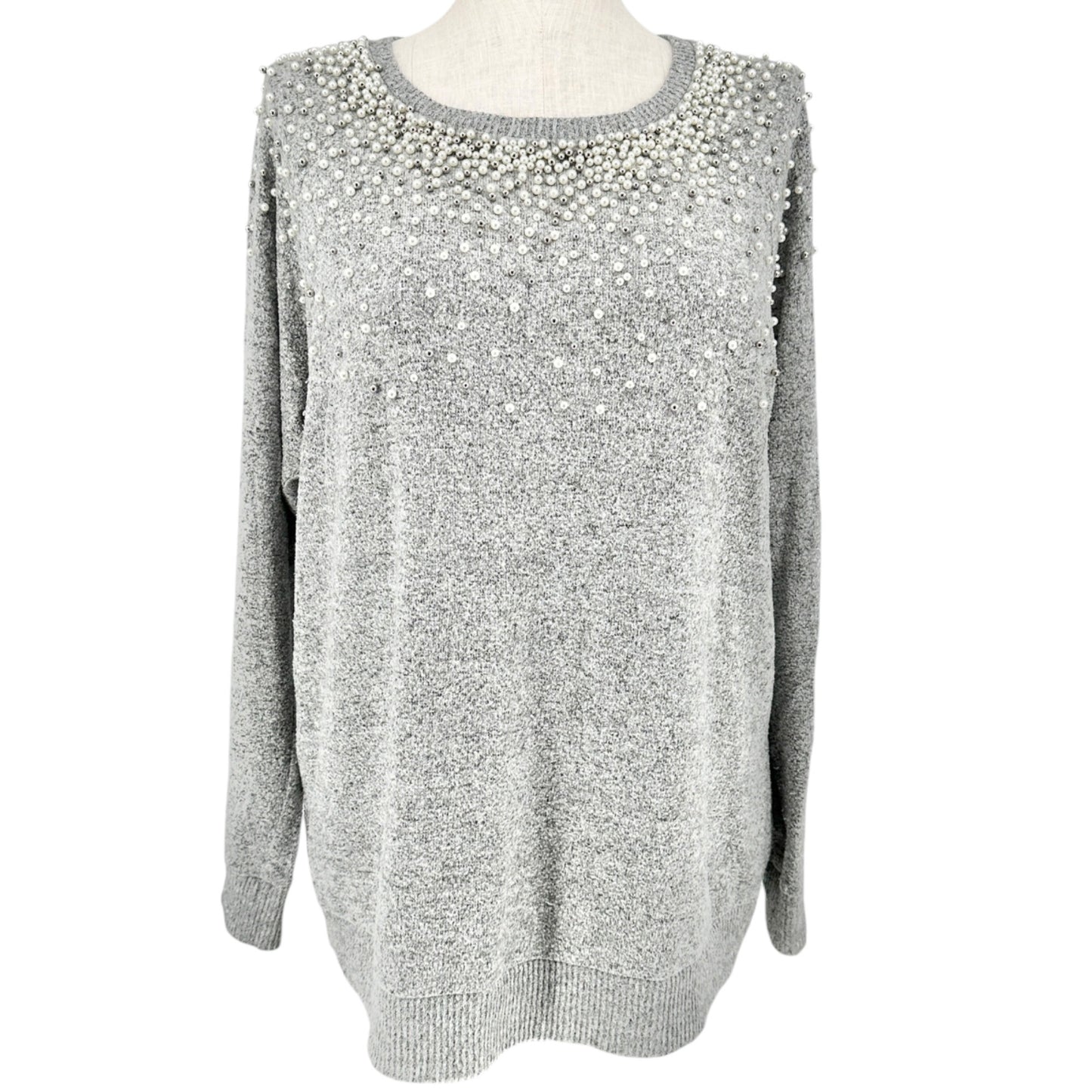 Torrid 2 Sweater Super Soft Plush Gray w Pearl Silver Bead Embellishments 18/20
