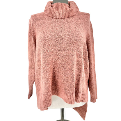 New Directions Curvy Womens 2X Asymmetrical Hem Cowl Neck Sweater In Rose Pink