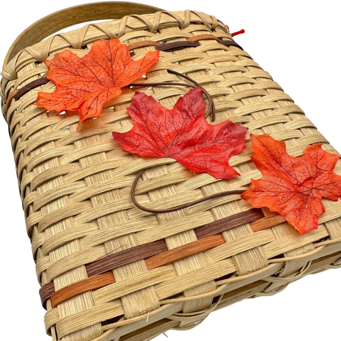 Handmade Basket Falling Leaves Oval Shaped with Handle and Leaves Decoration on Front