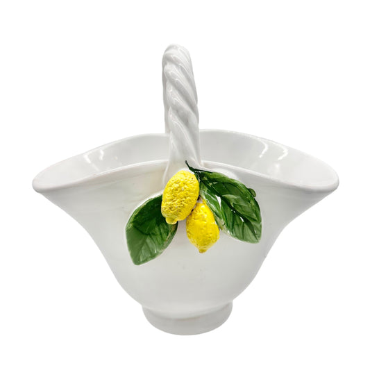 Handmade Ceramic Pottery Basket White with Lemon Leaf Design Vallauris France