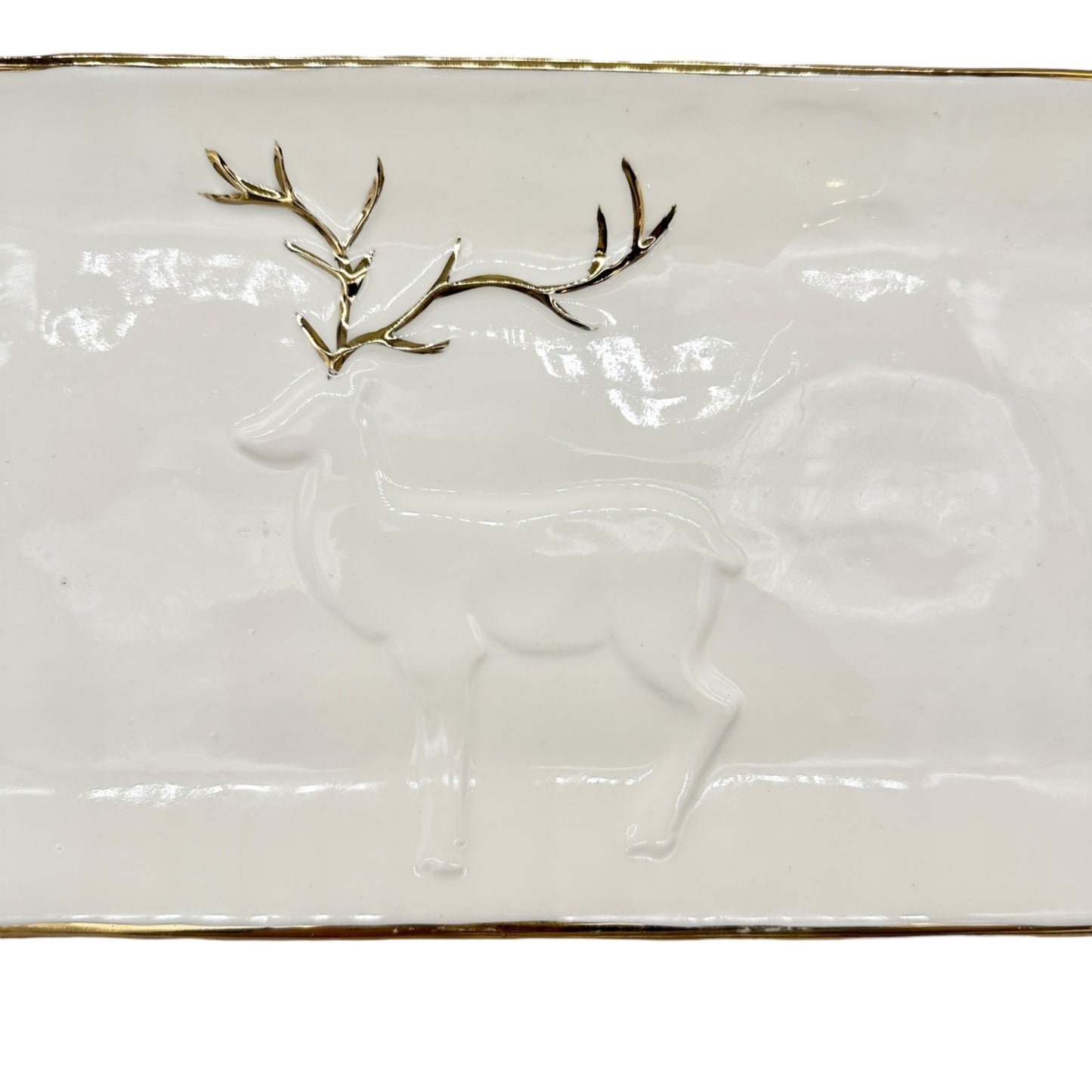 Magenta Serving Tray With Antler Handles Deer Accent Ceramic White Gold