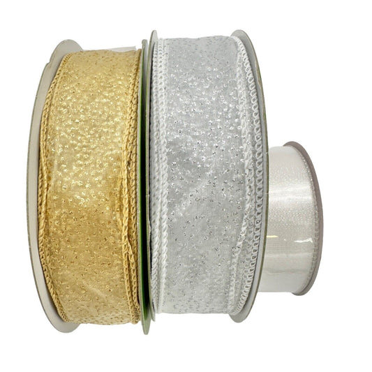 Set of 3 Rolls Wired Ribbon Celebrate It White Living Home Gold Silver Christmas