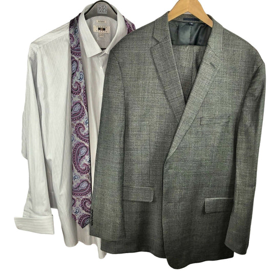 Jos A Banks Men's Suit/Shirt/Tie Set Gray White purple paisley 50 long 45 waist