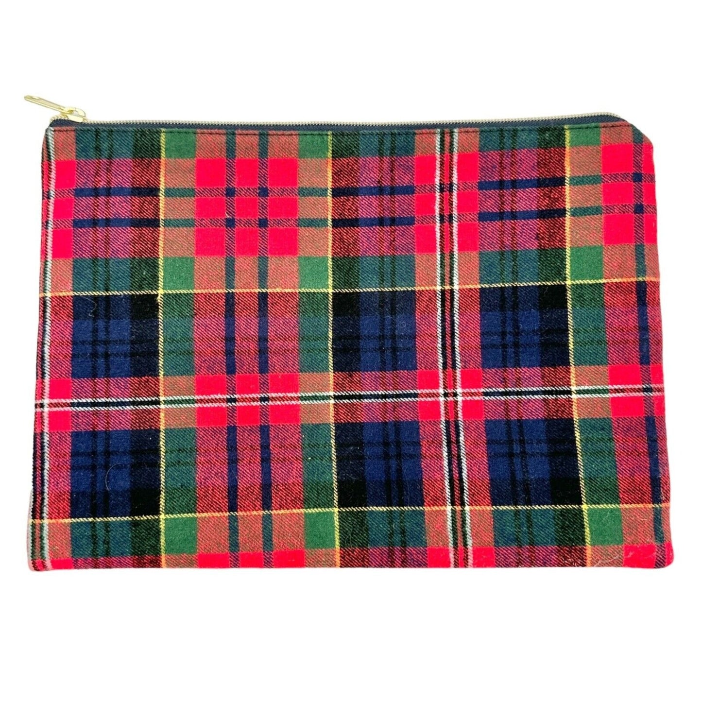 Legendary Pouch 13 x 9 Red Blue Green Plaid Black Interior Gold Hardware Zip