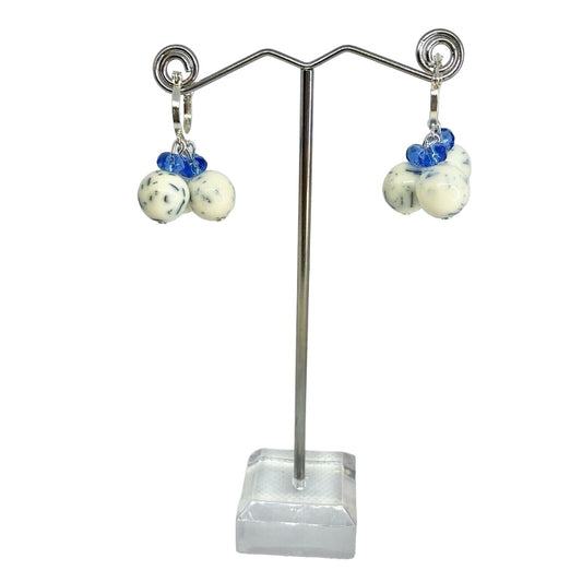 Handcrafted Beaded Earrings White & Blue Glass Beads Silver Hoop Jewelry NEW