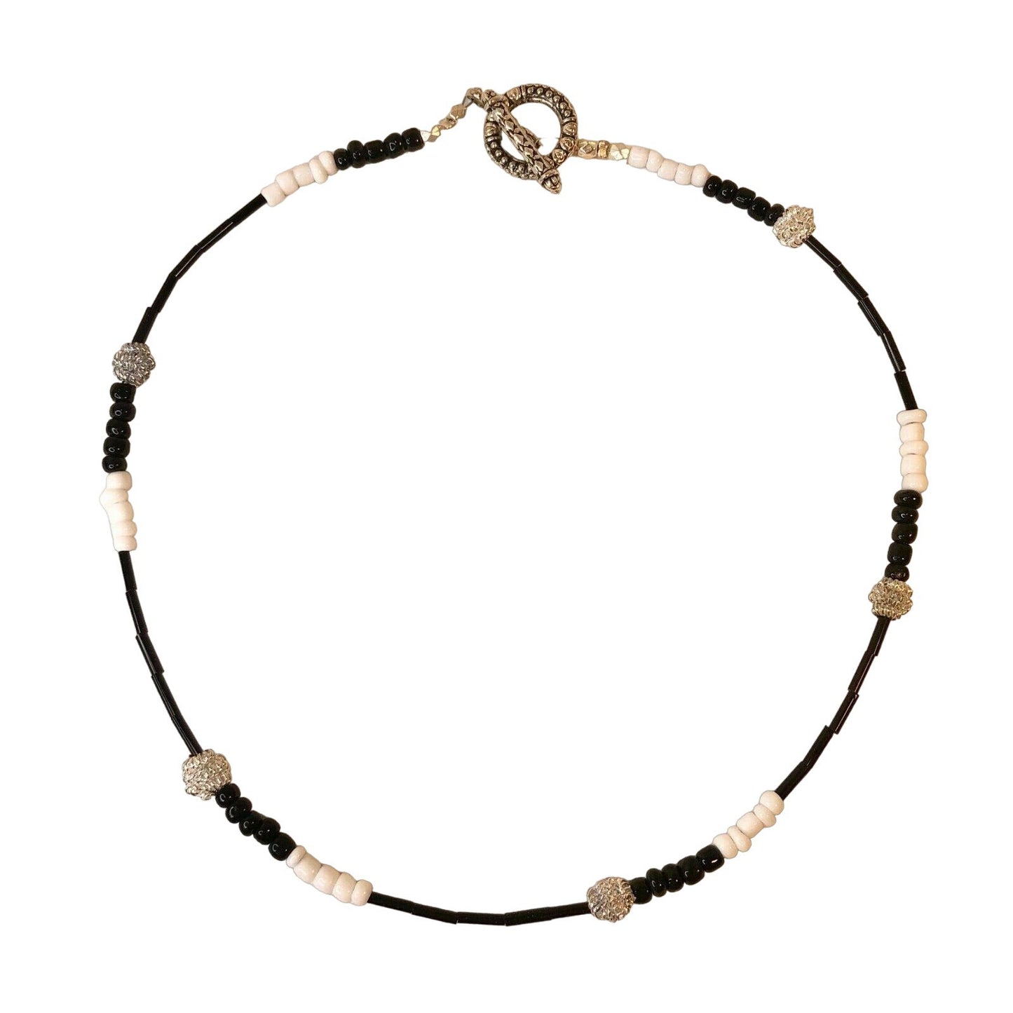 Handcrafted Beaded Necklace White, Black & Silver Beads Simply Elegant NEW