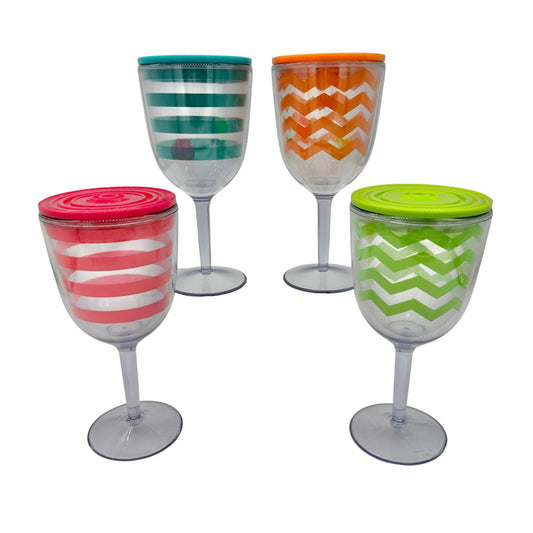 Plastic Wine Glasses with Lids Set of 4 Multicolor Striped & Chevron Designs