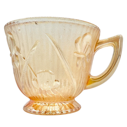 Jeannette Iris & Herringbone Marigold Handled Footed Cup 4 oz Carnival Glass