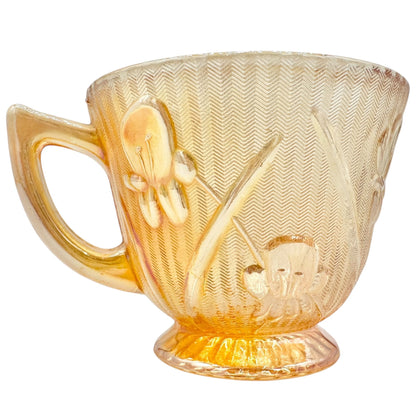 Jeannette Iris & Herringbone Marigold Handled Footed Cup 4 oz Carnival Glass