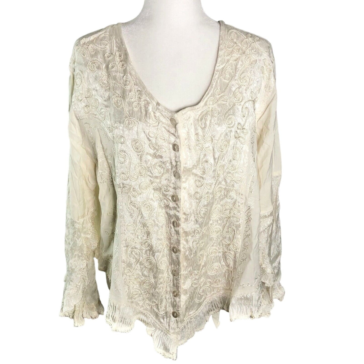 My Choice 1X Cream Lace Embroidered Button-Up Blouse With Ruffle Hem LS