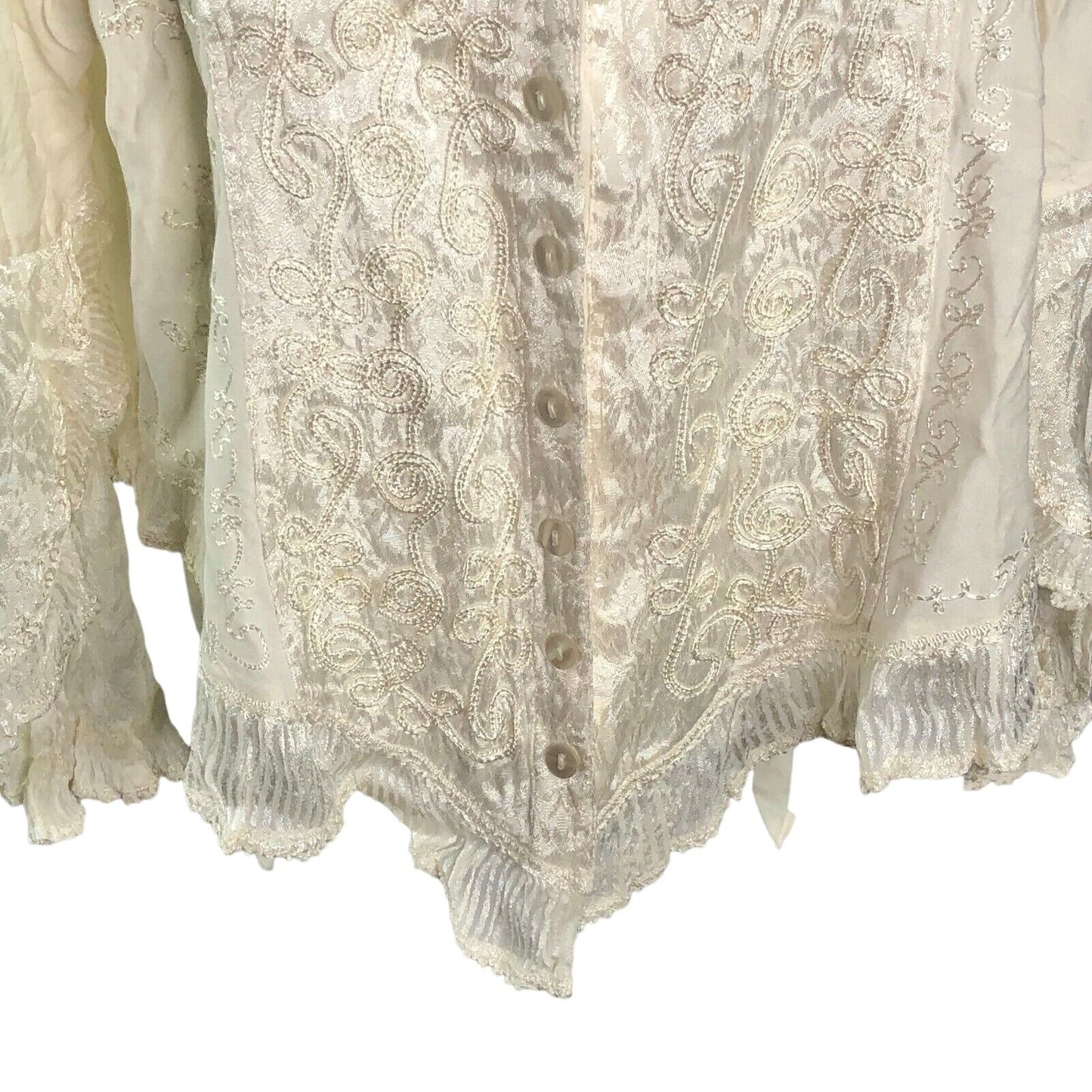 My Choice 1X Cream Lace Embroidered Button-Up Blouse With Ruffle Hem LS