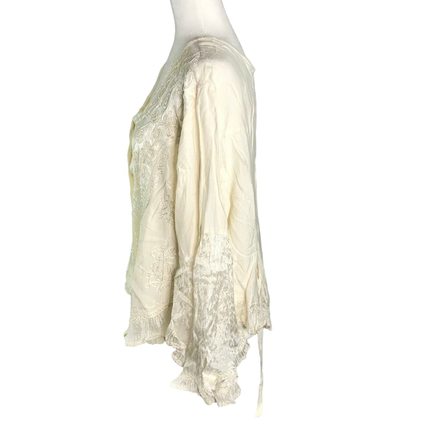 My Choice 1X Cream Lace Embroidered Button-Up Blouse With Ruffle Hem LS