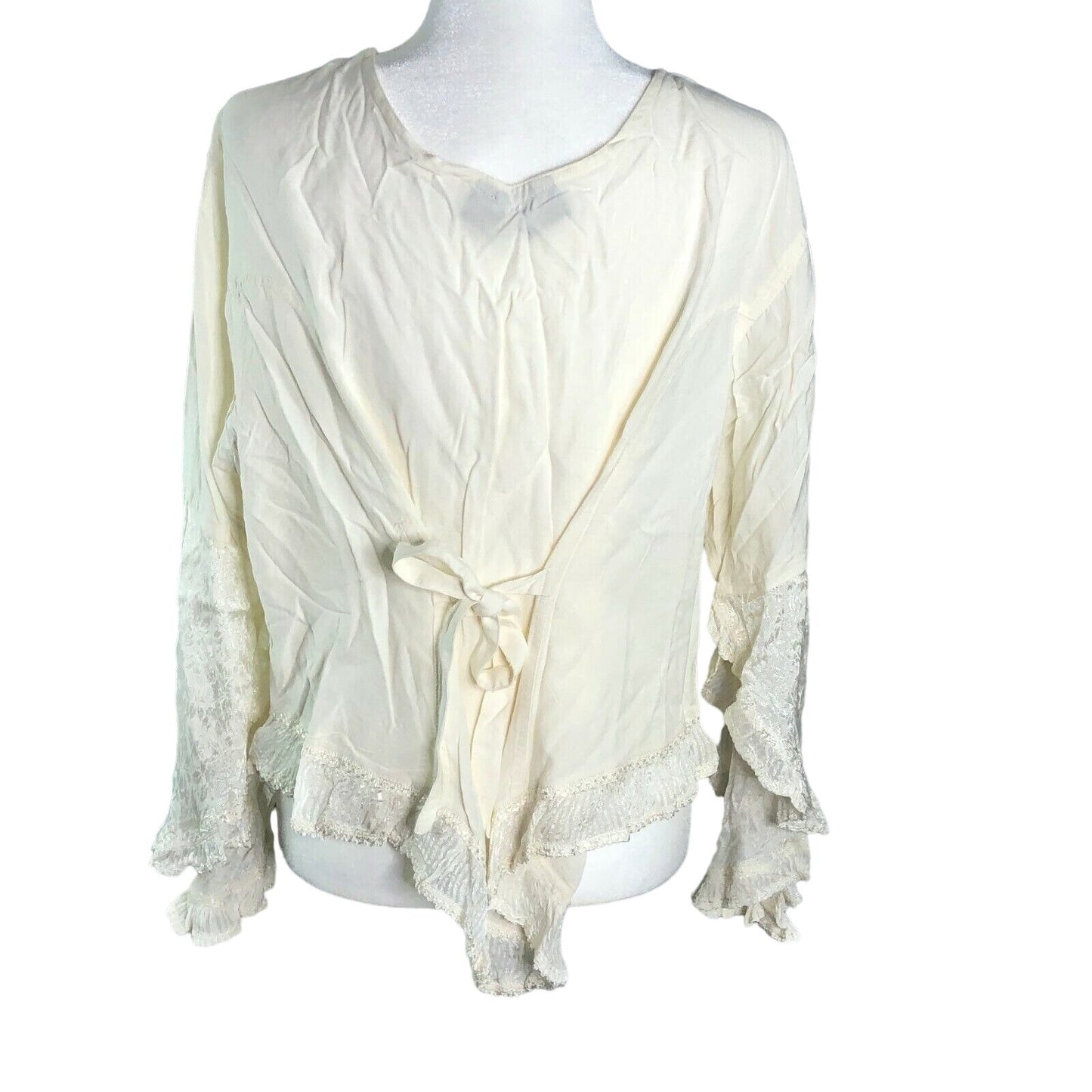 My Choice 1X Cream Lace Embroidered Button-Up Blouse With Ruffle Hem LS