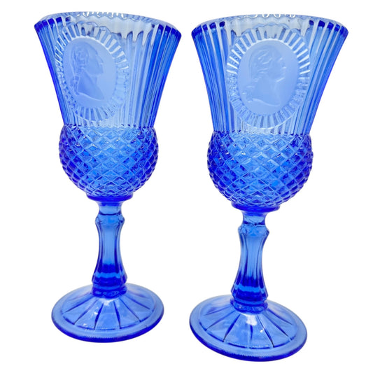 Avon Set of 2 Drinking Glasses Goblets 8 oz Blue George Washington Excellent