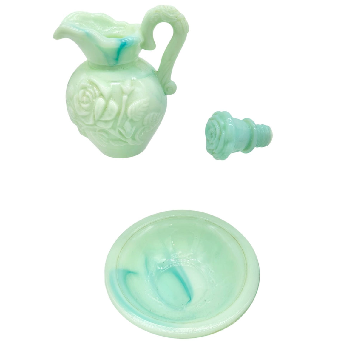 Vintage Avon Skin So Soft Green Milk Glass Pitcher and Bowl 3pc Set Rose Design